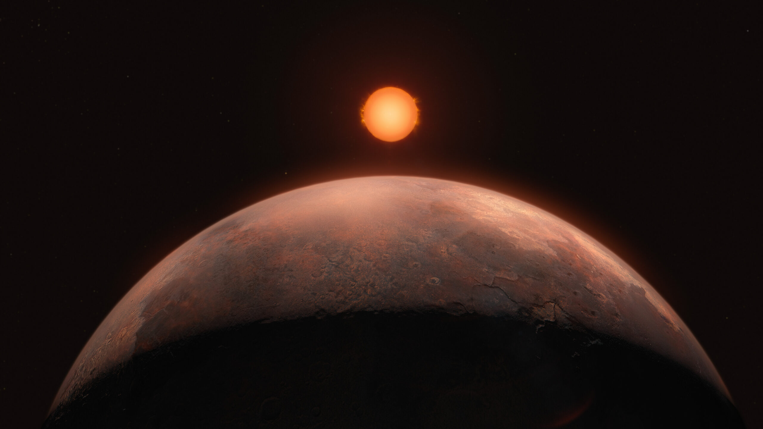 Ilustración: un planeta rocoso lleno de cráteres ocupa la mitad inferior de la imagen, visto de cerca y con su mitad de abajo en sombra; su superficie es parda y anaranjada. Sobre su horizonte asoma una estrella roja pequeña, con el borde erizado de llamaradas, sobre un fondo negro con pocas estrellas.