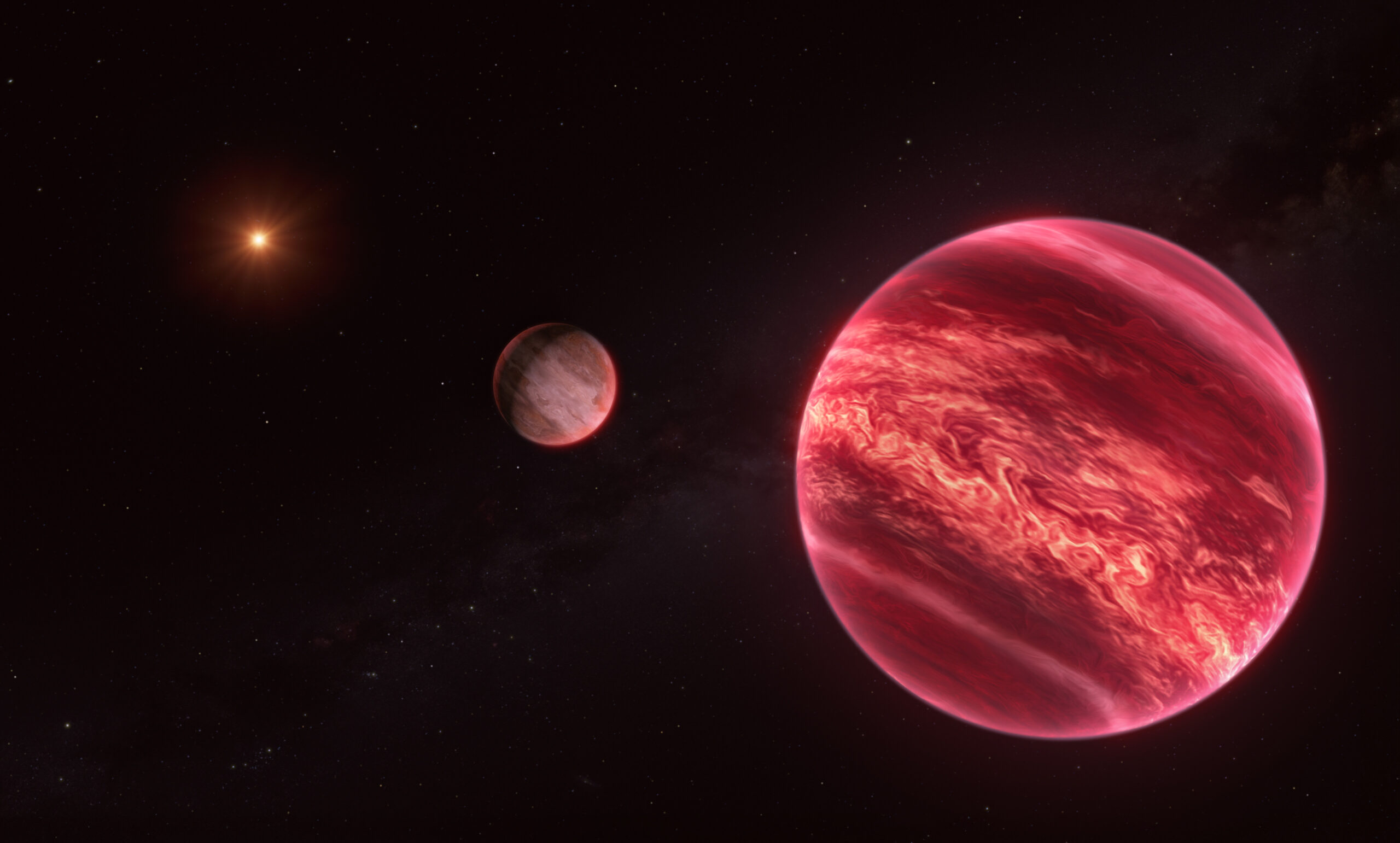 Ilustración del sistema CD-35 2722: a la derecha y en primer plano, una enana marrón enorme de color rojo intenso con bandas de nubes; en el centro, un objeto mucho más pequeño y grisáceo iluminado por ella, que es el exosatélite recién detectado; arriba a la izquierda, un punto de luz anaranjado con destellos que es la estrella del sistema, sobre un fondo negro con estrellas lejanas.