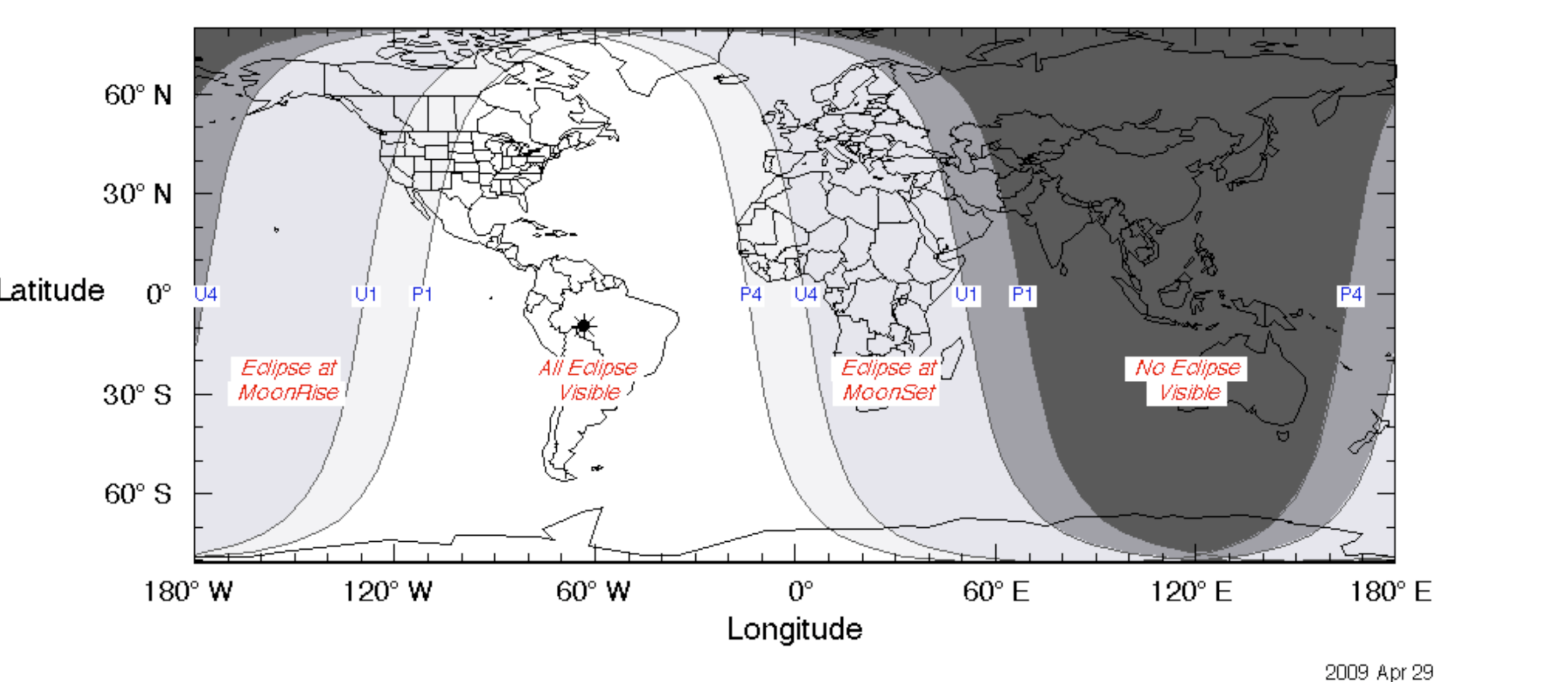 Mapa mundial en blanco y negro con cuatro franjas que indican dónde se ve el eclipse: España cae dentro de la franja rotulada Eclipse at MoonSet, es decir, la Luna se pone con el eclipse aún en curso.