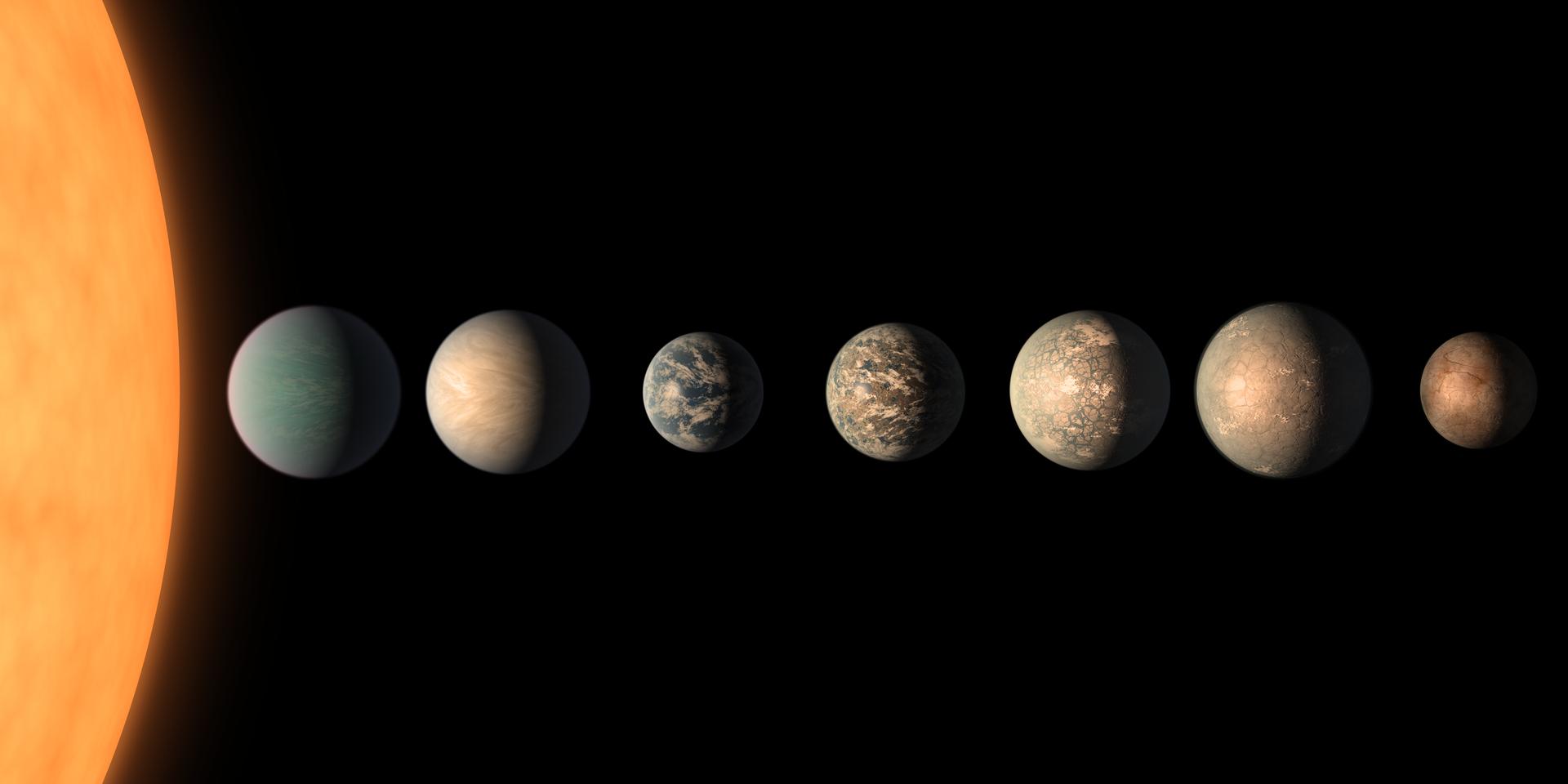 Ilustración de la NASA: los siete planetas de TRAPPIST-1 alineados en fila sobre fondo negro, a la derecha de un fragmento del disco anaranjado de su estrella. Los tamaños relativos están a escala y cada planeta tiene un aspecto imaginado distinto, del azulado al ocre.