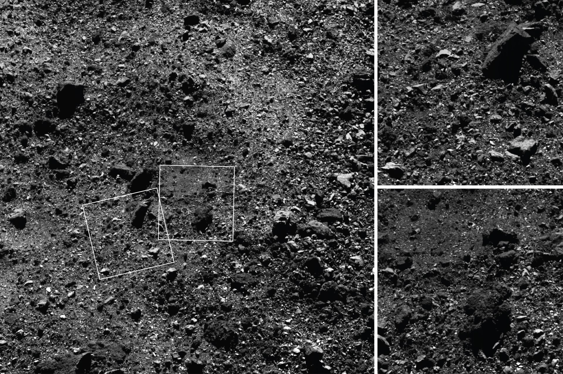 Montaje de tres fotografías de la superficie del asteroide Bennu. La imagen grande de la izquierda abarca una franja de terreno gris oscuro cubierta de rocas y bloques sueltos, con una zona lisa casi sin piedras. Las dos imágenes de la derecha son ampliaciones: arriba, un bloque aislado; abajo, la zona lisa vista de cerca.