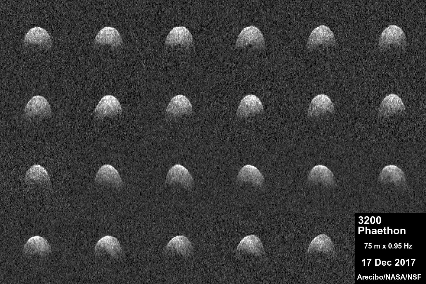 Veintitantas imágenes de radar en blanco y negro del asteroide Faetón, ordenadas en cuatro filas: en cada una aparece como una mancha clara y redondeada, algo achatada por abajo, sobre un fondo oscuro granulado.